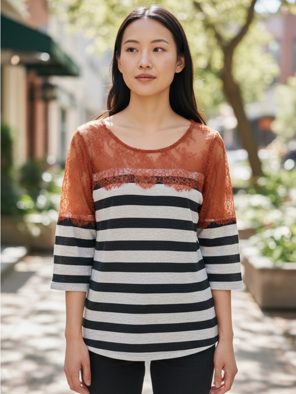 Anthropologie Rust Lace & Black-Cream Striped Long Sleeve Top
